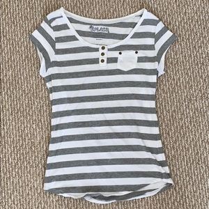 Gray and White Striped Shirt with Metal Buttons